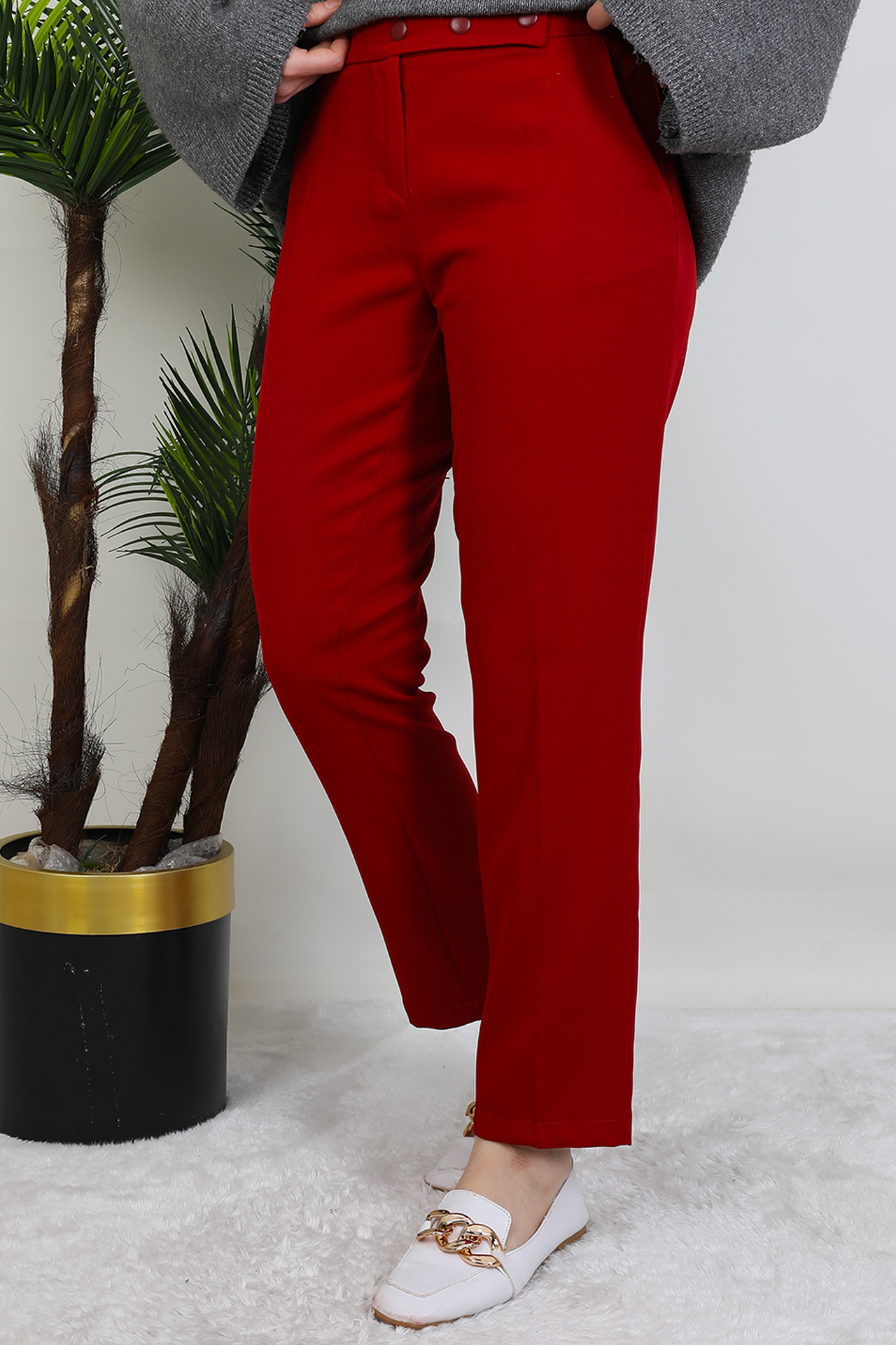 Beli Düğmeli Pantolon Bordo