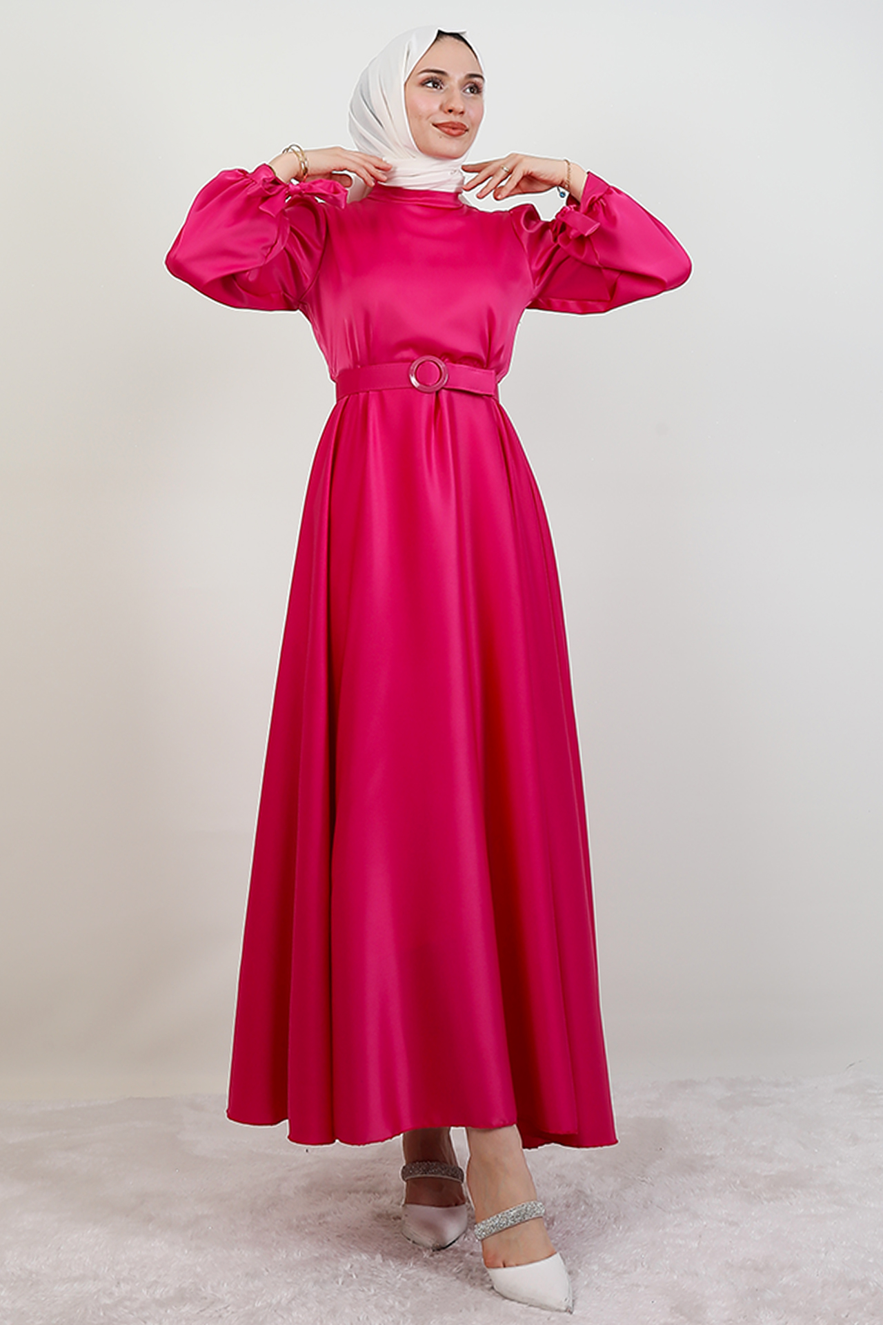 GİYZAMİLA - Saten Kemerli Elbise Pembe